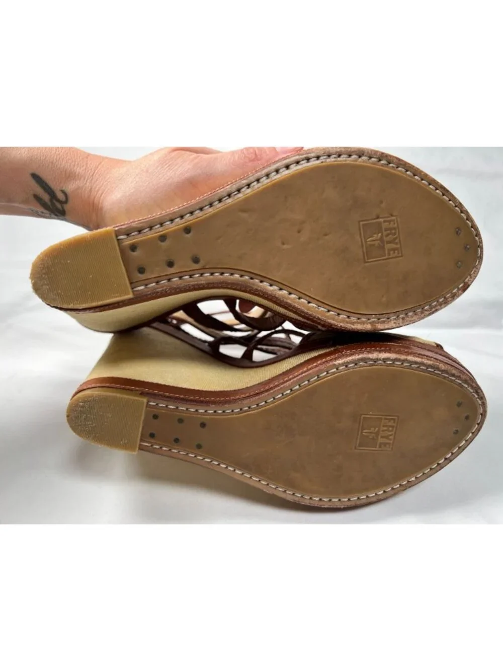 FRYE Corrina Wedge Sandals Tan Brown Leather Canvas Platform Heel 9.5